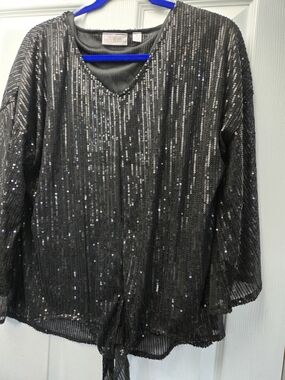 NWOT Belle by Kim Gravel Black Sequin Top With Tie Front
